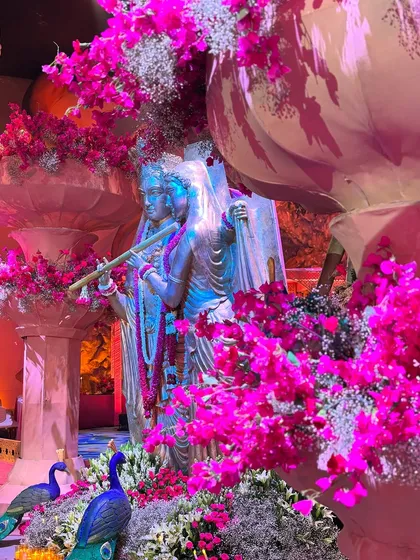 A divine centerpiece featuring Radha and Krishna, surrounded by an explosion of vibrant pink bougainvillea. This installation brought a spiritual and romantic focal point to the celebration.
