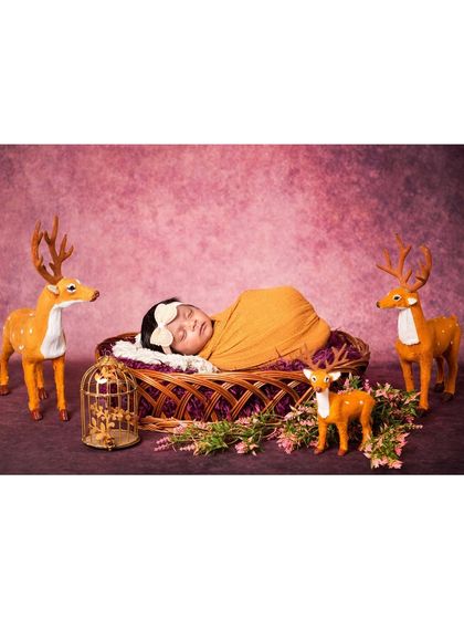 A whimsical forest scene where a sleeping newborn is watched over by gentle deer figures. The rich, warm background and delicate props create a magical, fairytale-like atmosphere.