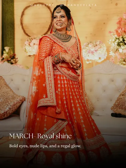 A Royal Shine bridal look. This style combines bold eyes with nude lips for a regal glow, paired with a vibrant orange lehenga.