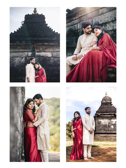This four-photo grid showcases a variety of poses and intimate moments from the couple's pre-wedding shoot at a historic site.