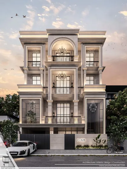 Another view of a proposed elevation in Vikaspuri, showcasing the dramatic effect of the double-height windows and recessed balconies adorned with elegant chandeliers.