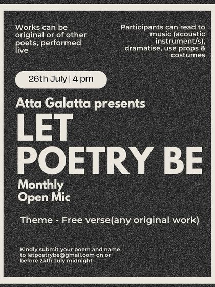 Poster for our monthly poetry open mic, 'Let Poetry Be'.