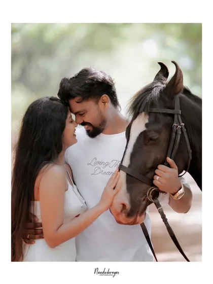 A close-up shot of the couple and the horse, focusing on their gentle interaction and the bond they share.