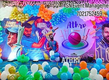For the cricket fans, I offer custom themes featuring their favorite players. This birthday decoration for Athrv showcases cricket stars on a vibrant backdrop with balloons in team colors.