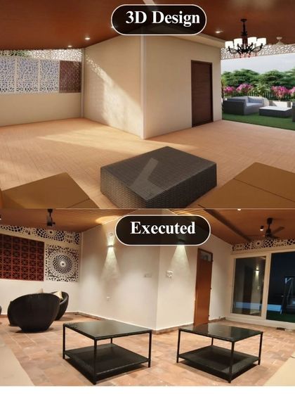 My process ensures your vision is perfectly executed. This before and after comparison shows how a detailed 3D design for a terrace lounge with a shingles roof and CNC panels was brought to life, matching the concept down to the last detail.