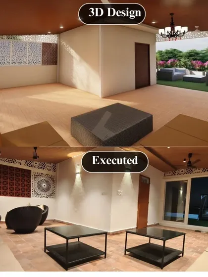 My process ensures your vision is perfectly executed. This before and after comparison shows how a detailed 3D design for a terrace lounge with a shingles roof and CNC panels was brought to life, matching the concept down to the last detail.