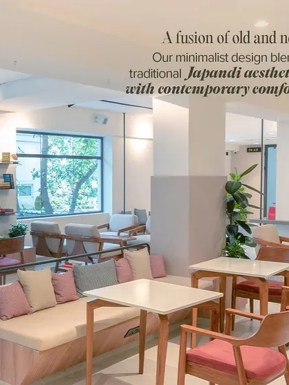 A fusion of old and new. Our Japandi design blends traditional aesthetics with contemporary comfort, seen here in our Whitefield location.