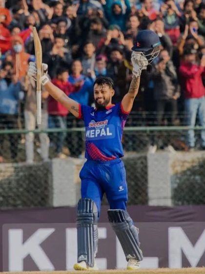 Kushal Bhurtel of the Nepal National Team celebrating a milestone. He holds the record for scoring three consecutive half-centuries in his debut matches. A true talent.