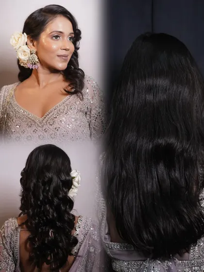 This image shows the complete look, including the beautiful Hollywood wave hairstyle that complements the dewy makeup. It also gives a before view of the hair texture.