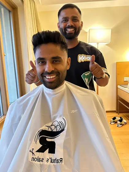 In the chair with Indian cricket's own Suryakumar Yadav. Whether it's for a match or an off-day, I make sure every client leaves feeling like a champion. A sharp haircut is part of the game-ready mindset.