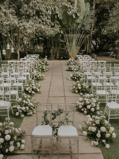 Images from beautiful Christian weddings at my venue. The stone aisle serves as a natural walkway, and the open lawn allows for classic seating arrangements, creating a picturesque chapel-in-nature feel.