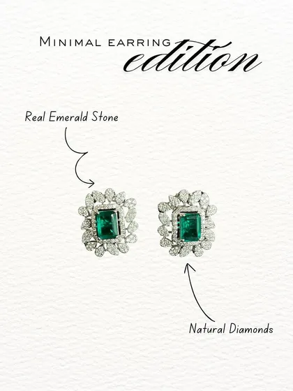 My minimal earring edition features these stunning studs with a real emerald stone surrounded by a halo of natural diamonds. They are refined, effortless, and always in style.