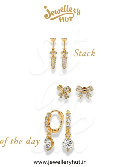A "Stack of the Day" featuring a combination of our dagger-like hangings, bow studs, and sparkling drop hoops.