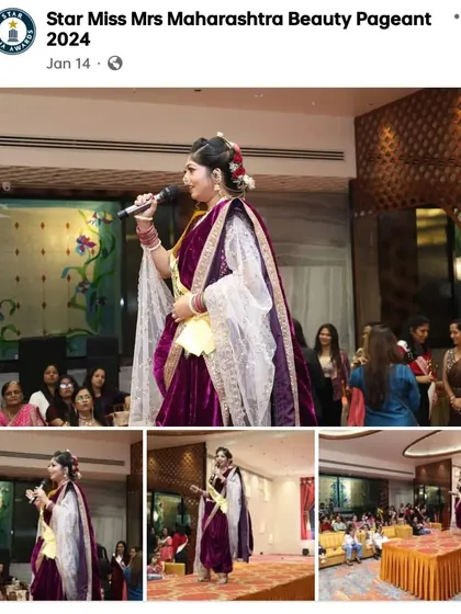 A collage of me on stage at the Mrs. Maharashtra Beauty Pageant, showcasing a traditional *nauvari* look. This demonstrates my expertise in creating looks for stage and events.