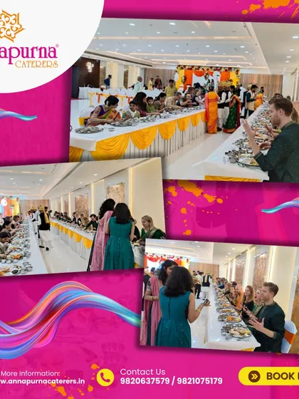 A collage showing our international guests fully immersed in the traditional Indian dining experience, enjoying a variety of dishes served on a long pangat (dining line).