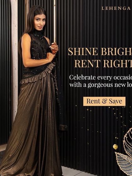 Shine bright, rent right. This metallic bronze and black drape saree is a glamorous and unique piece for a cocktail night or reception.