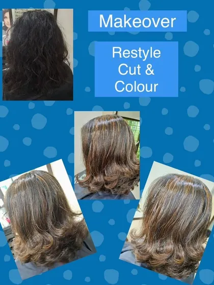 A complete restyle with a new cut and color. The highlights add brightness and dimension, transforming the client's look from dull to dynamic.