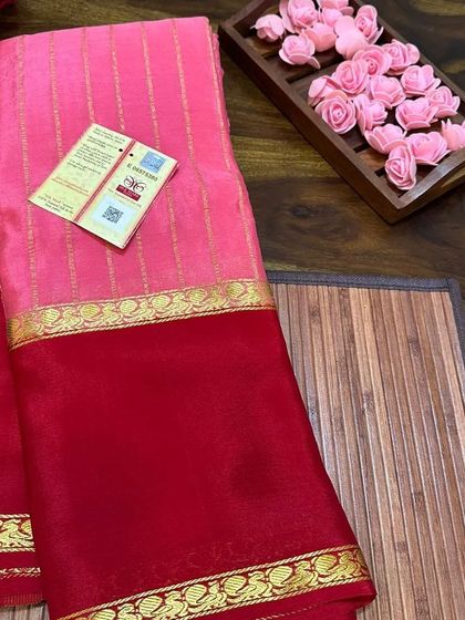 A lovely pink and red wrinkle crepe Mysore silk saree.