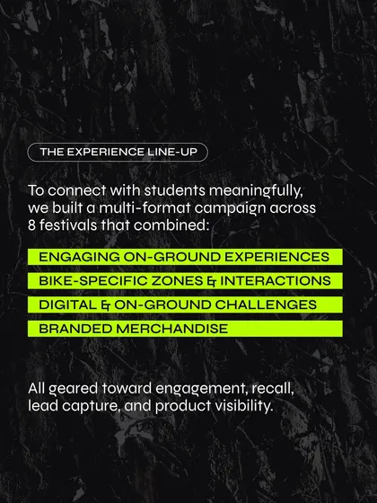 Our multi-format campaign strategy for Hero combined on-ground experiences, bike-specific zones, digital challenges, and branded merchandise. This approach was geared toward maximizing engagement, recall, and lead capture across all 8 festivals.