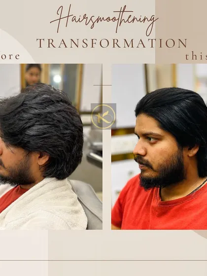 This before-and-after shows the power of a professional hair smoothening treatment. We took this client's hair from thick and unmanageable to sleek, smooth, and stylish, demonstrating a key men's grooming service I offer.