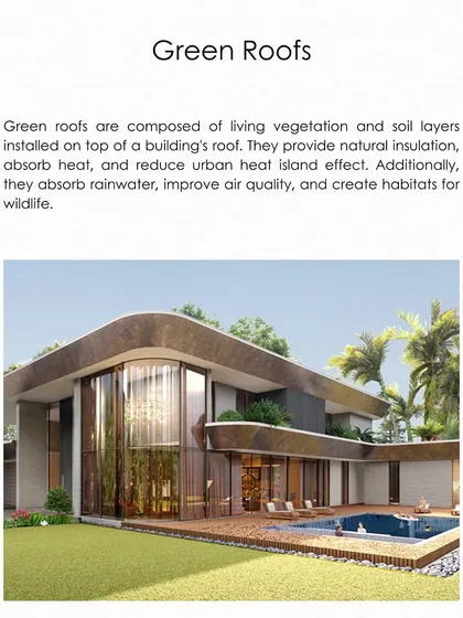 An infographic explaining the benefits of green roofs. Composed of living vegetation, they provide natural insulation, absorb heat and rainwater, and improve air quality.