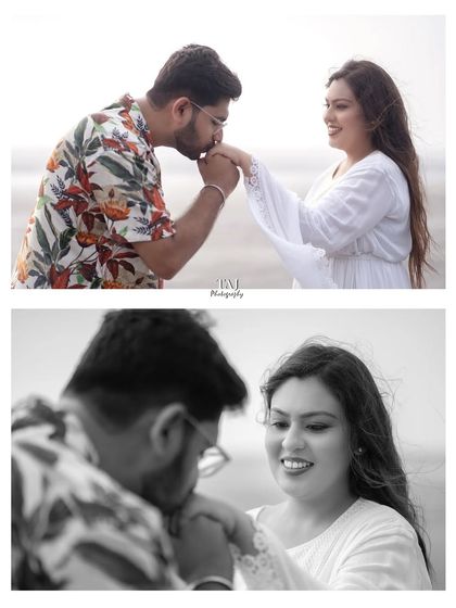 A collage capturing a chivalrous gesture. The top frame shows the groom kissing his bride's hand, and the bottom gives a closer, more intimate view of her happy reaction.
