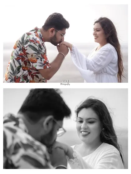 A collage capturing a chivalrous gesture. The top frame shows the groom kissing his bride's hand, and the bottom gives a closer, more intimate view of her happy reaction.