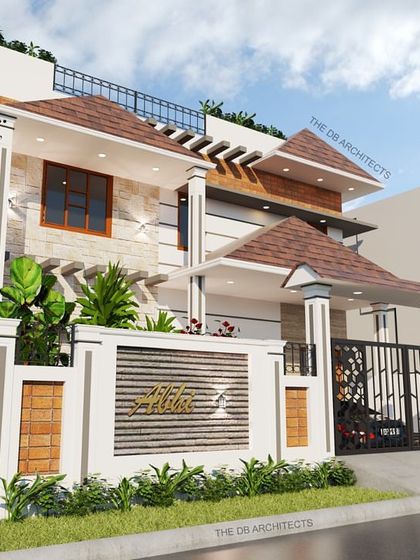 A side view of the 3D concept for Mr. Abhishek's residence, showcasing the stone cladding and the elegant design of the compound wall that complements the main structure.