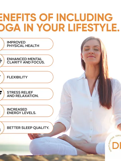 An infographic on the benefits of including yoga in your lifestyle, from improved physical health and flexibility to stress relief and better sleep.