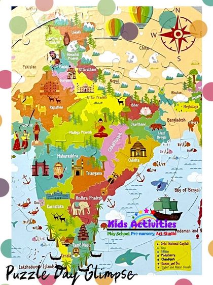 A glimpse from our Puzzle Day, featuring a large, colorful puzzle map of India. Puzzles are a fantastic tool for developing problem-solving skills, cognitive abilities, and fine motor control in a playful and engaging way.