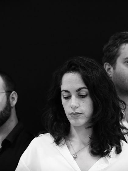 A striking black and white portrait of the trio from our French cabaret show. This image captures the serious artistry and dramatic flair of our versatile performers.