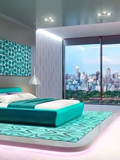 A futuristic and bold bedroom design with a turquoise color scheme. The bed is set on an elevated platform with under-lighting, and the large window offers a stunning city view, creating a truly unique space.