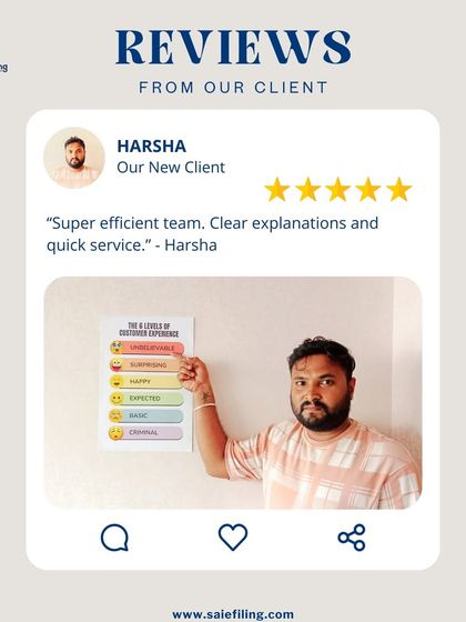 Harsha's feedback, "Super efficient team. Clear explanations and quick service," is what we aim for with every client interaction. Your trust in our fast and clear service is our greatest achievement.