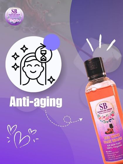 An infographic detailing the anti-aging benefits of my Red Wine Face Wash. Its antioxidant properties help keep your skin looking youthful and radiant.