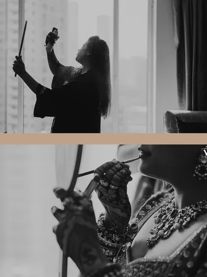A black and white collage showing the bride getting ready. These documentary-style shots capture the quiet, focused moments of her transformation, with the city skyline in the background.