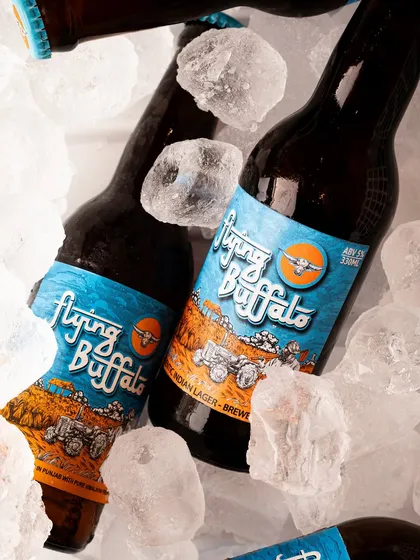 A top-down view of the beer bottles in ice, creating a full and abundant look. This is a great hero shot for a website's beverage category.