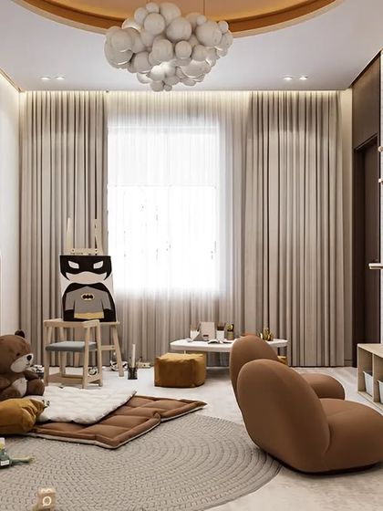 A neutral-toned playroom with custom arched shelving and storage nooks. The design focuses on creating an organized and calming space for play and learning.