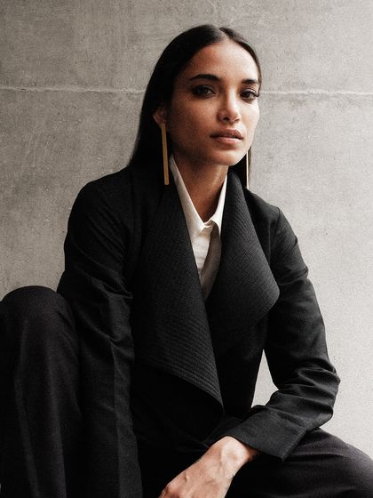 A powerful portrait from the Payal Khandwala shoot. The smoky eye makeup and severe lines of the jacket create a look that is both strong and elegant.