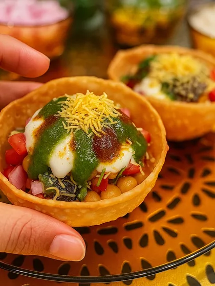 This is our Katori Chaat, a perfect bite of sweet, spicy, and tangy flavors. A crispy edible bowl filled with delicious toppings, it's one of our most popular items for parties and high tea events.
