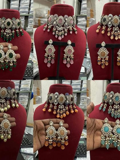 A collage showing a popular choker design in six different color options. I can customize these rental sets to match your outfit perfectly.