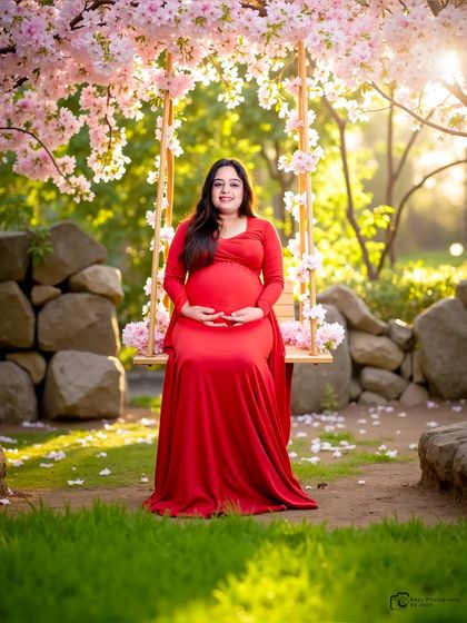 A bright and happy outdoor-style portrait. The mom-to-be is seated on a swing under a canopy of cherry blossoms, creating a fresh and natural look.