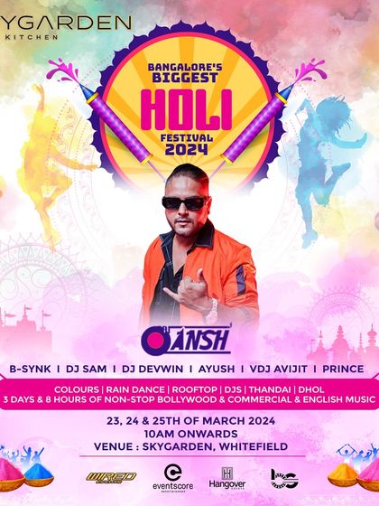 The official poster for Bangalore's Biggest Holi Festival 2024. I was thrilled to be part of this massive three-day event.