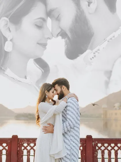 An artistic double exposure, blending an intimate close-up with a wider shot of the couple at Jal Mahal, creating a dreamy, layered effect.