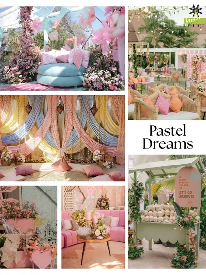 A "Pastel Dreams" Mehendi theme mood board, showcasing soft drapes, floral arrangements, and a cute coconut water cart.