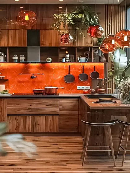 For clients who love a warm, natural aesthetic, I design kitchens like this one. It features rich wood cabinetry, an orange-toned backsplash, and a functional island that doubles as a breakfast bar with seating for two.