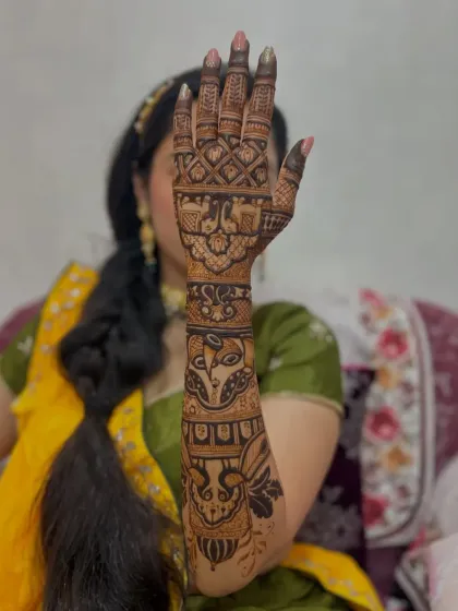 This client is showcasing her unique mehndi, which includes an owl motif. I love working with brides to include personal and unconventional elements in their designs.
