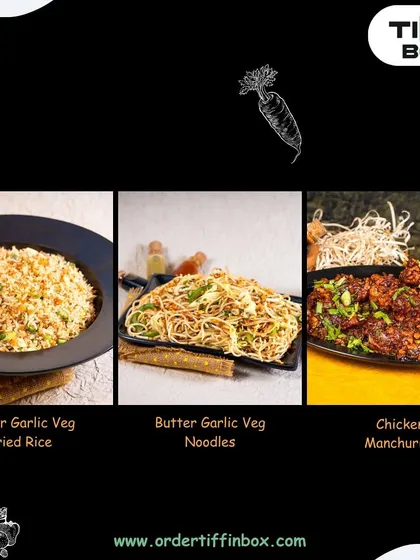 A great combination of veg and non-veg options. This image features our Butter Garlic Veg Fried Rice, Butter Garlic Veg Noodles, and classic Chicken Manchurian.