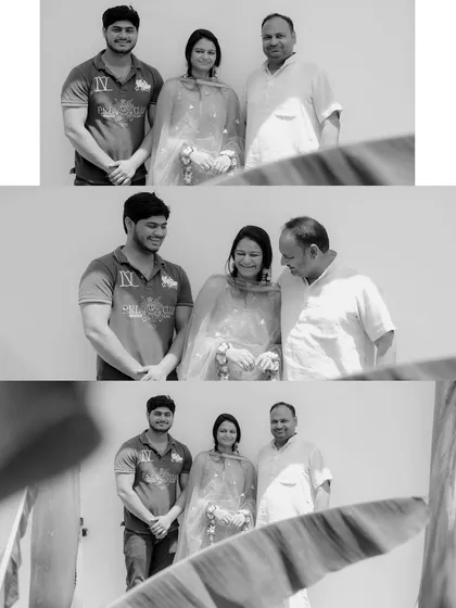 Family is a huge part of any ceremony. This black and white collage captures the bride with her family during her Haldi, focusing on the emotional connections and support from her loved ones.