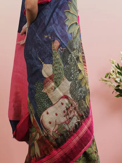 A detailed shot of the cow and calf motif within the Pichwai print, a sacred and beautiful symbol.