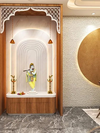 A pooja room is a space for peace and reflection. I designed this modern mandir with an elegant arch, intricate jali work, and soft backlighting to create a divine focal point that is both beautiful and spiritually calming.